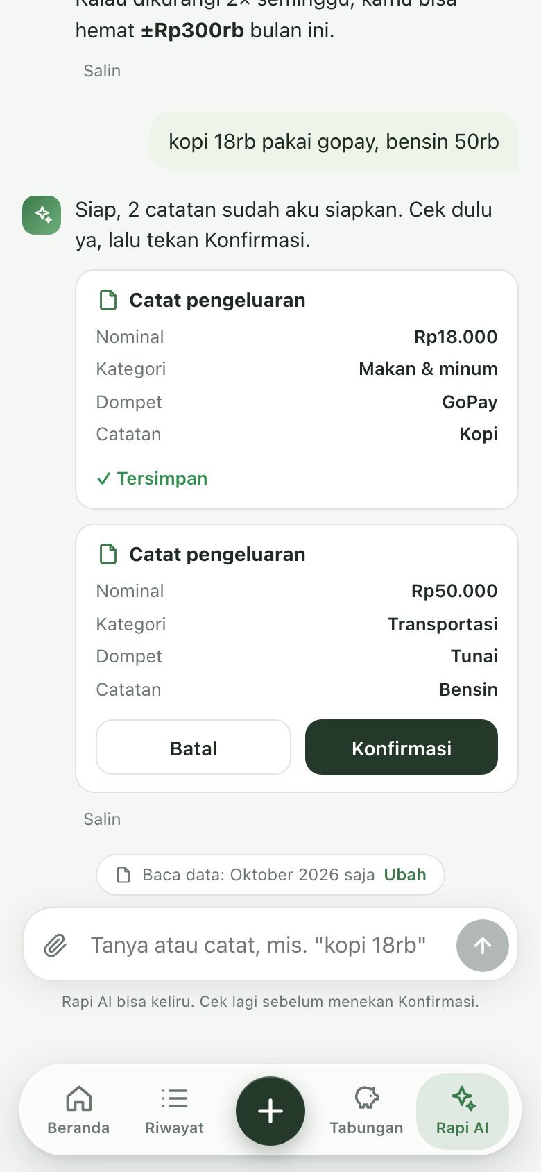 Rapi AI: Catat lewat chat, tinggal Konfirmasi
