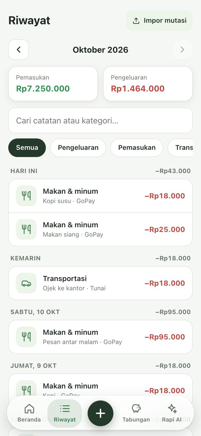 Riwayat: Semua catatan per hari, bisa dicari
